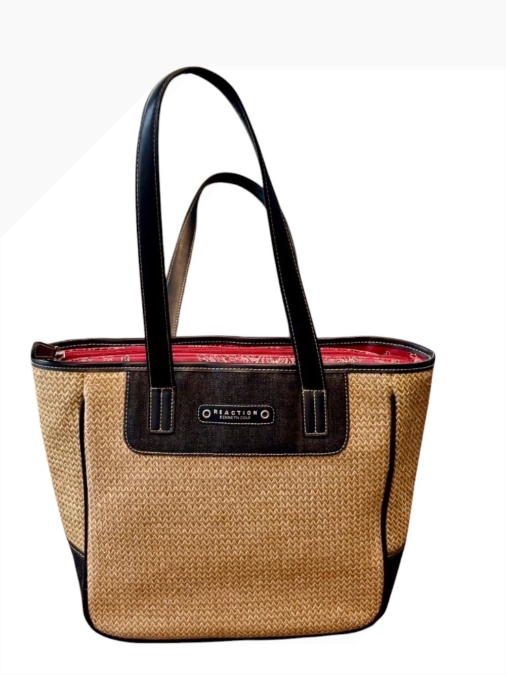 Kenneth Cole Reaction Woven Straw Tote Bag Leather Trim Boho Summer